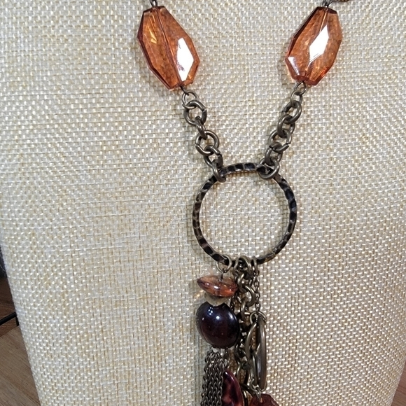 Antique Bronze Metal Statement Necklace with Amber beads and Chain Tassels Boho - Picture 9 of 17
